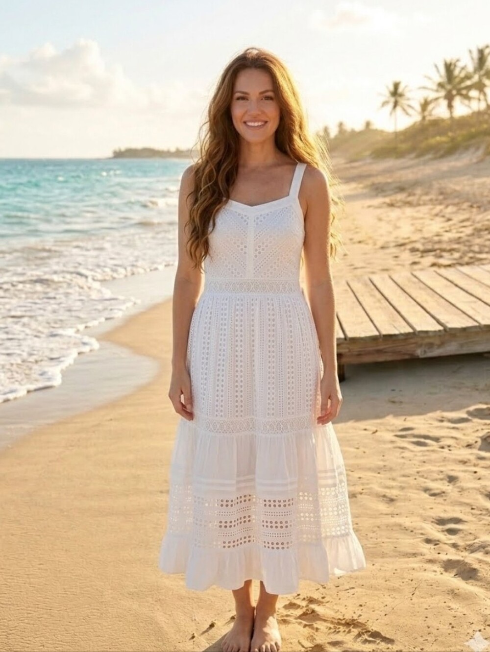 Skies Are Blue White Eyelet Lace Midi Sundress Tiered Strappy Boho Maxi -L